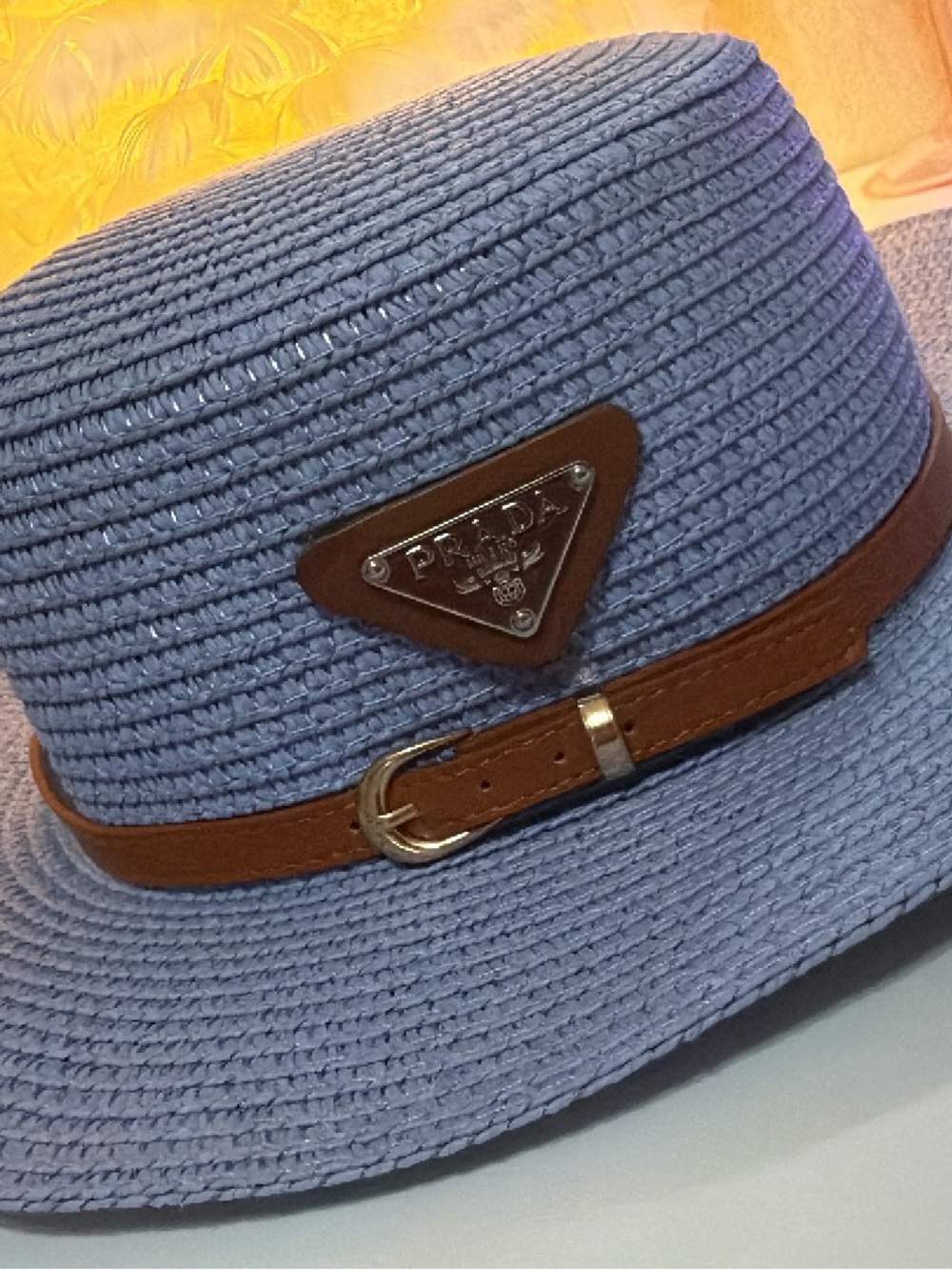 Prada Lavender Straw Bucket Hat with Brown Leather Band and Logo Plaque